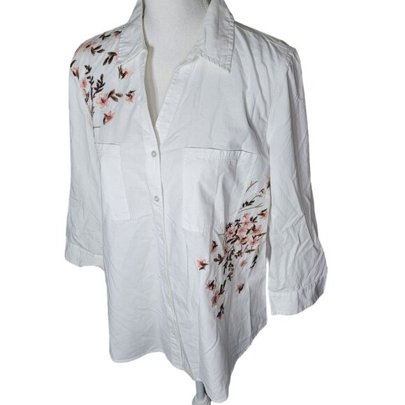 Gloria Vanderbilt Embroidered Button Down Shirt‎ White Pink Floral Womens Large - Picture 11 of 12